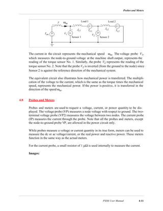 Probes and Meters
PSIM User Manual 4-11
The current in the circuit represents the mechanical speed ωm. The voltage probe V1,
which measures the node-to-ground voltage at the machine shaft output, represents the
reading of the torque sensor No. 1. Similarly, the probe V2 represents the reading of the
torque sensor No. 2. Note that the probe V2 is inverted (from the ground to the node) since
Sensor 2 is against the reference direction of the mechanical system.
The equivalent circuit also illustrates how mechanical power is transferred. The multipli-
cation of the voltage to the current, which is the same as the torque times the mechanical
speed, represents the mechanical power. If the power is positive, it is transferred in the
direction of the speed ωm.
4.8 Probes and Meters
Probes and meters are used to request a voltage, current, or power quantity to be dis-
played. The voltage probe (VP) measures a node voltage with respect to ground. The two-
terminal voltage probe (VP2) measures the voltage between two nodes. The current probe
(IP) measures the current through the probe. Note that all the probes and meters, except
the node-to-ground probe VP, are allowed in the power circuit only.
While probes measure a voltage or current quantity in its true form, meters can be used to
measure the dc or ac voltage/current, or the real power and reactive power. These meters
function in the same way as the actual meters.
For the current probe, a small resistor of 1 µΩ is used internally to measure the current.
Images:
Load 1 Load 2
Sensor 1 Sensor 2
TL1 TL2
J
JL1
JL2
Tem V1 V2
ωm
 