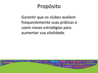 Propósito	Garantir que os clubes avaliem frequentemente suas práticas e usem novas estratégias para aumentar sua vitalidade.