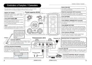 ZOOM G1/G1X
4
Controles e Funções / Conexões
Seletor de módulo
Tecla RHYTHM [R/P]
Painel superior (G1X)
Painel traseiro (G1)
Muda entre o modo PLAY, o modo EDIT e o
modo RHYTHM. No modo EDIT, o botão
seleciona o módulo.
Visor
Mostra os números do patch, valores de ajuste e
outras informações de como operar o G1/G1X.
Conexão [OUTPUT/PHONES]
Guitarra
Amplificadores de guitarra
Fone-de-ouvido
Essa conexão estéreo serve para a conexão a um amplifi-
cador de guitarra. Utilize um cabo de qualidade. Ao usar
um cabo “Y” você poderá conectar a dois amplificadores
de guitarra, ou a um fone-de-ouvido.
Conexão [INPUT]
Serve para conectar a guitarra. Quanndo utilizar
o G1/G1X com pilhas, ao inserir o cabo, o apare-
lho será ligado automaticamente.
Ao usar o G1/G1X com pi-
lhas, é aconselhável des-
conectar o cabo da guitarrra
da conexão [INPUT] quando
não estiver utilizando o apa-
relho para economizar
energia.
No modo PLAY/RHYTHM serve para iniciar/
parar os patterns/padrões rítmicos.
No modo EDIT serve para selecionar o módulo
a ser controlado pelo pedal.
Essa seção descreve os nomes e as funções de todas as partes do G1 e do G1X. Funções
específicas do G1X são explicadas na página 26. Por favor refira-se a tal seção.
Controles e Funções / Conexões
ZOOM G1/G1X 5
Botão [VALUE]
Esse permite a mudança do nível dos parâmetros de efeitos
ou o nível geral do patch.
Pedal de expressão (G1X somente)
Podeserusadocomopedaldevolumeoucomocontroladoremtem-
po real para os parâmetros dos efeitos. (Veja a página 26) .
Tecla [PEDAL ASSIGN] (G1X somente)
Serve para selecionar o módulo a ser controlado pelo pedal
de expressão.
Tecla [STORE]
Serve para salvar os patches editados na memória interna.
Conexão [CONTROL IN] (G1 somente)
Serve para a conexão do foot switch opcional (FS01)
ou p/ o pedal de expressão opcional (FP01/FP02).
Conexão [DC IN]
Conecte o adaptador AC (ZOOM AD-0006) ou utilize algum adapta-
dor AC homologado pela ROYAL (9 V 300 mA c/ centro negativo).
Tecla [BANK UP•TAP]
No modo play, as teclas servem para mudar diretamente
ao banco superior. Permite ajuste manual do tempo do padrão
rítmico. No modo edit, a tecla permite você especificar os
parâmetros relacionados ao tempo e ao ciclo manualmente.
Foot switches [W]/[Q]
São usados para selecionar os patches, ligar/desligar
efeitos, controlar o afinador e outras funções.
Diferenças entre o os modelos G1X e G1
Características especiais do G1X diferentes doG1:
• Equipado com pedal de expressão como padrão (Pág. 26)
• Tecla [PEDAL ASSIGN] no painel superior permite a seleção do
módulo a ser controlado com o pedal de expressão (Pág. 26)
• Não possui conexão [CONTROL IN] no painel traseiro; o foot switch
(FS01) ou pedal de expressão (FP01/FP02) não poderá ser utilizado.
Adaptador AC
FP01/FP02
FS01
 