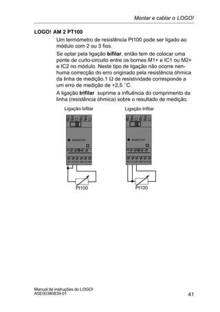 41
Manual de instruções do LOGO!
A5E00380839-01
LOGO! AM 2 PT100
Um termómetro de resistência Pt100 pode ser ligado ao
módulo com 2 ou 3 fios.
Se optar pela ligação bifilar, então tem de colocar uma
ponte de curto-circuito entre os bornes M1+ e IC1 ou M2+
e IC2 no módulo. Neste tipo de ligação não ocorre nen-
huma correcção do erro originado pela resistência óhmica
da linha de medição.1 W de resistividade corresponde a
um erro de medição de +2,5Ă°C.
A ligação trifilar suprime a influência do comprimento da
linha (resistência óhmica) sobre o resultado de medição.
M1+
PE
L+ M
RUN/STOP
L+ M
IC1 IC2M1- M2+ M2-
Pt100
M1+
PE
L+ M
RUN/STOP
L+ M
IC1 IC2M1- M2+ M2-
Pt100
Ligação bifilar Ligação trifilar
Montar e cablar o LOGO!
 