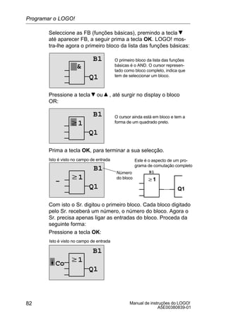 Manual de instruções do LOGO!
A5E00380839-01
82
Seleccione as FB (funções básicas), premindo a tecla
até aparecer FB, a seguir prima a tecla OK. LOGO! mos-
tra-lhe agora o primeiro bloco da lista das funções básicas:
O primeiro bloco da lista das funções
básicas é o AND. O cursor represen-
tado como bloco completo, indica que
tem de seleccionar um bloco.

B1
Q1
Pressione a tecla ou , até surgir no display o bloco
OR:
w1
B1
Q1
O cursor ainda está em bloco e tem a
forma de um quadrado preto.
Prima a tecla OK, para terminar a sua selecção.
w1
Isto é visto no campo de entrada
B1
Q1
B1
w1
Q1
Este é o aspecto de um pro-
grama de comutação completo
Número
do bloco
–
Com isto o Sr. digitou o primeiro bloco. Cada bloco digitado
pelo Sr. receberá um número, o número do bloco. Agora o
Sr. precisa apenas ligar as entradas do bloco. Proceda da
seguinte forma:
Pressione a tecla OK:
w1
Isto é visto no campo de entrada
B1
Q1
Co
Programar o LOGO!
 