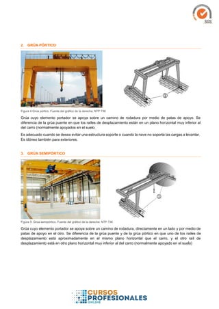 2. GRÚA PÓRTICO
Figura 4:Grúa pórtico. Fuente del gráfico de la derecha: NTP 736
Grúa cuyo elemento portador se apoya sobre un camino de rodadura por medio de patas de apoyo. Se
diferencia de la grúa puente en que los raíles de desplazamiento están en un plano horizontal muy inferior al
del carro (normalmente apoyados en el suelo.
Es adecuado cuando se desea evitar una estructura soporte o cuando la nave no soporta las cargas a levantar.
Es idóneo también para exteriores.
3. GRÚA SEMIPÓRTICO
Figura 5: Grúa semipórtico. Fuente del gráfico de la derecha: NTP 736
Grúa cuyo elemento portador se apoya sobre un camino de rodadura, directamente en un lado y por medio de
patas de apoyo en el otro. Se diferencia de la grúa puente y de la grúa pórtico en que uno de los raíles de
desplazamiento está aproximadamente en el mismo plano horizontal que el carro, y el otro raíl de
desplazamiento está en otro plano horizontal muy inferior al del carro (normalmente apoyado en el suelo)
 