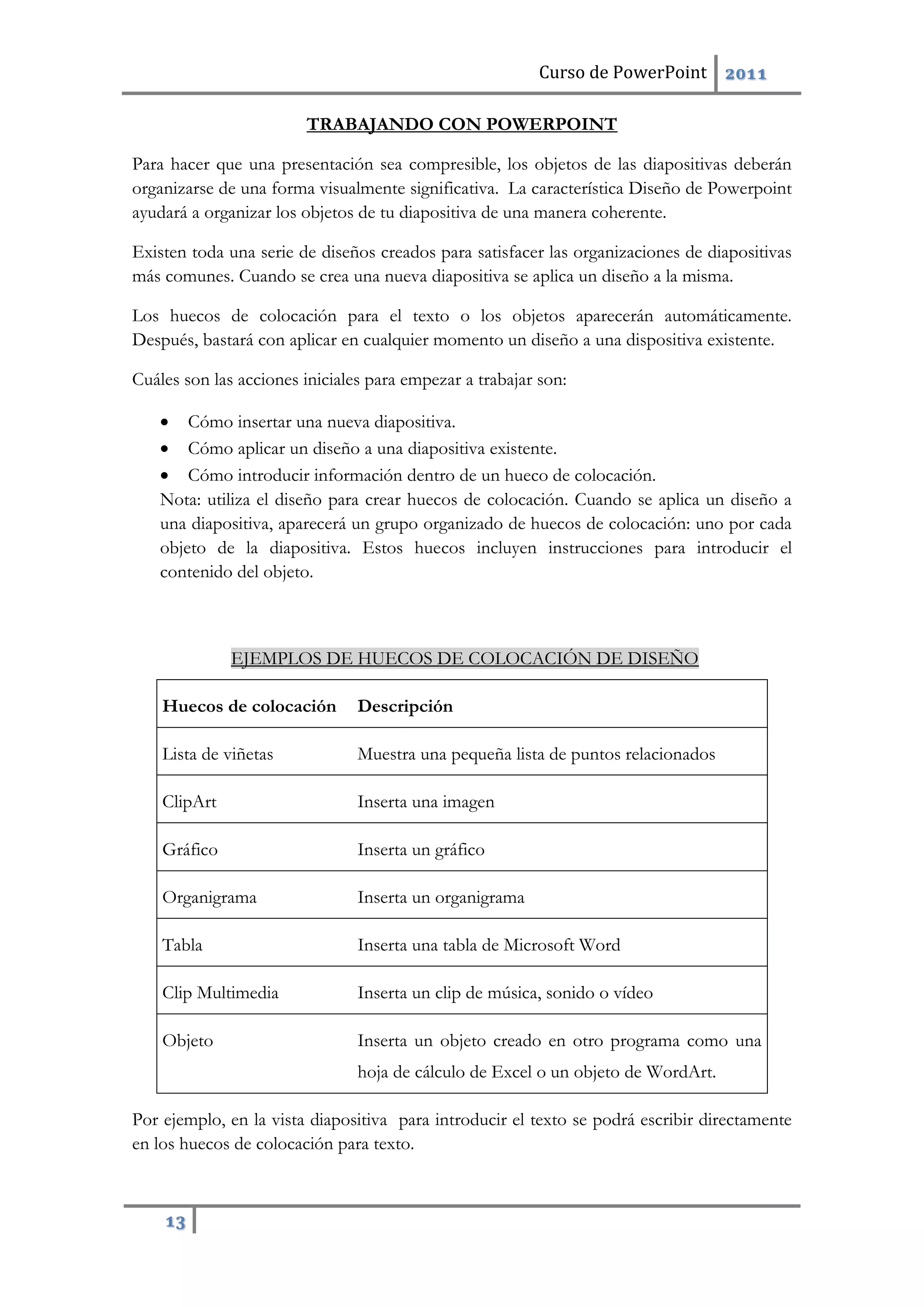 Curso de PowerPoint 2011
13
TRABAJANDO CON POWERPOINT
Para hacer que una presentación sea compresible, los objetos de las diapositivas deberán
organizarse de una forma visualmente significativa. La característica Diseño de Powerpoint
ayudará a organizar los objetos de tu diapositiva de una manera coherente.
Existen toda una serie de diseños creados para satisfacer las organizaciones de diapositivas
más comunes. Cuando se crea una nueva diapositiva se aplica un diseño a la misma.
Los huecos de colocación para el texto o los objetos aparecerán automáticamente.
Después, bastará con aplicar en cualquier momento un diseño a una dispositiva existente.
Cuáles son las acciones iniciales para empezar a trabajar son:
 Cómo insertar una nueva diapositiva.
 Cómo aplicar un diseño a una diapositiva existente.
 Cómo introducir información dentro de un hueco de colocación.
Nota: utiliza el diseño para crear huecos de colocación. Cuando se aplica un diseño a
una diapositiva, aparecerá un grupo organizado de huecos de colocación: uno por cada
objeto de la diapositiva. Estos huecos incluyen instrucciones para introducir el
contenido del objeto.
EJEMPLOS DE HUECOS DE COLOCACIÓN DE DISEÑO
Huecos de colocación Descripción
Lista de viñetas Muestra una pequeña lista de puntos relacionados
ClipArt Inserta una imagen
Gráfico Inserta un gráfico
Organigrama Inserta un organigrama
Tabla Inserta una tabla de Microsoft Word
Clip Multimedia Inserta un clip de música, sonido o vídeo
Objeto Inserta un objeto creado en otro programa como una
hoja de cálculo de Excel o un objeto de WordArt.
Por ejemplo, en la vista diapositiva para introducir el texto se podrá escribir directamente
en los huecos de colocación para texto.
 