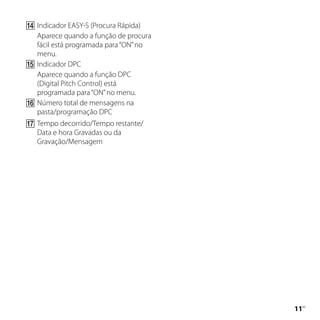 	Indicador EASY-S (Procura Rápida)
  Aparece quando a função de procura
  fácil está programada para “ON” no
  menu.
	Indicador DPC
  Aparece quando a função DPC
  (Digital Pitch Control) está
  programada para “ON” no menu.
	Número total de mensagens na
  pasta/programação DPC
	Tempo decorrido/Tempo restante/
  Data e hora Gravadas ou da
  Gravação/Mensagem




                                       11
                                        PT
 