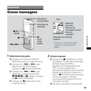 Em	gravação
Gravar mensagens
                                Microfones            Visor
                                incorporados
                                                                 Modo de
                                Indicador de                     gravação
                                operação
                                                                 Número da
                                                                 mensagem actual
       REC/                                                     Visor do
       PAUSE                                                     contador*
                                                   Indicador de memória




                                                                                              Em gravação
                               
                                PLAY/              restante
                                STOP•
                                ENTER             * Aparece o visor seleccionado
 –, +                                             utilizando o botão DISPLAY/
                                                    MENU.



1	 Seleccione uma pasta.                   2	 Comece a gravar.
  	Carregue sem soltar em DISPLAY/            	Carregue em  REC/PAUSE no modo
    MENU para entrar no modo de menus.           de paragem. O indicador de operação
  	Carregue em – ou + para                    acende uma luz vermelha.
    seleccionar “FOLDER” e depois                (Quando “LED” é programado para
    carregue em  PLAY/STOP•ENTER.               “OFF” no menu (página 64), o
                                                 indicador de operação não se acende.)
  	Carregue em – ou + para                    Não precisa de continuar a carregar sem
    seleccionar a pasta que pretende             soltar em  REC/PAUSE durante a gravação.
    ( , , , ou ) e depois carregue               A nova mensagem é gravada
    em  PLAY/STOP•ENTER.                        automaticamente depois da última
  	Carregue em  (parar) para sair do           mensagem gravada.
    modo de menus.                             	Fale para o microfones incorporados.
                                                                                         1  PT
 