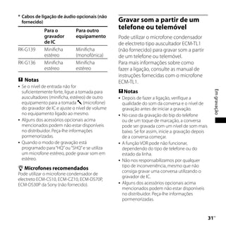 * Cabos de ligação de áudio opcionais (não
  fornecido)                                       Gravar som a partir de um
               Para o           Para outro
                                                   telefone ou telemóvel
               gravador         equipamento        Pode utilizar o microfone condensador
               de IC                               de electreto tipo auscultador ECM-TL1
RK-G139        Minificha        Minificha          (não fornecido) para gravar som a partir
               estéreo          (monofónica)       de um telefone ou telemóvel.
RK-G136        Minificha        Minificha          Para mais informações sobre como
               estéreo          estéreo            fazer a ligação, consulte as manual de
                                                   instruções fornecidas com o microfone
 Notas                                            ECM-TL1.
   Se o nível de entrada não for
                                                    Notas




                                                                                                            Em gravação
    suficientemente forte, ligue a tomada para
    auscultadores (minificha, estéreo) de outro       Depois de fazer a ligação, verifique a
    equipamento para a tomada  (microfone)            qualidade do som da conversa e o nível de
    do gravador de IC e ajuste o nível de volume       gravação antes de iniciar a gravação.
    no equipamento ligado ao mesmo.                   No caso da gravação do bip do telefone
   Alguns dos acessórios opcionais acima              ou de um toque de marcação, a conversa
    mencionados podem não estar disponíveis            pode ser gravada com um nível de som mais
    no distribuidor. Peça-lhe informações              baixo. Se for assim, inicie a gravação depois
    pormenorizadas.                                    de a conversa começar.
   Quando o modo de gravação está                    A função VOR pode não funcionar,
    programado para “HQ” ou “SHQ” e se utiliza         dependendo do tipo de telefone ou do
    um microfone estéreo, pode gravar som em           estado da linha.
    estéreo.                                          Não nos responsabilizamos por qualquer
                                                       tipo de inconveniência, mesmo que não
 Microfones recomendados
                                                       consiga gravar uma conversa utilizando o
Pode utilizar o microfone condensador de
                                                       gravador de IC.
electreto ECM-CS10, ECM-CZ10, ECM-DS70P,
ECM-DS30P da Sony (não fornecido).                    Alguns dos acessórios opcionais acima
                                                       mencionados podem não estar disponíveis
                                                       no distribuidor. Peça-lhe informações
                                                       pormenorizadas.


                                                                                                       1
                                                                                                        PT
 