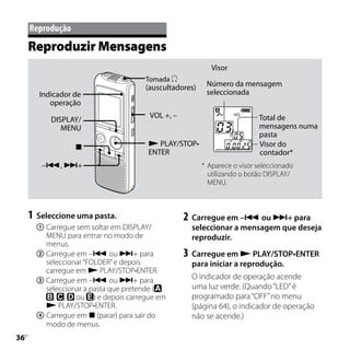 Reprodução
     Reproduzir Mensagens
                                                            Visor
                                       Tomada 
                                       (auscultadores)    Número da mensagem
        Indicador de                                      seleccionada
           operação
                                        VOL +, –                           Total de
           DISPLAY/
              MENU                                                         mensagens numa
                                                                           pasta
                                       PLAY/STOP•                        Visor do
                                       ENTER                               contador*
        –, +                                           * Aparece o visor seleccionado
                                                           utilizando o botão DISPLAY/
                                                           MENU.



     1	 Seleccione uma pasta.                      2	 Carregue em – ou + para
       	Carregue sem soltar em DISPLAY/            seleccionar a mensagem que deseja
         MENU para entrar no modo de                reproduzir.
         menus.
       	Carregue em – ou + para                 3	 Carregue em  PLAY/STOP•ENTER
         seleccionar “FOLDER” e depois              para iniciar a reprodução.
         carregue em  PLAY/STOP•ENTER.
       	Carregue em – ou + para                  O indicador de operação acende
         seleccionar a pasta que pretende ( ,       uma luz verde. (Quando “LED” é
           , , ou ) e depois carregue em            programado para “OFF” no menu
          PLAY/STOP•ENTER.                         (página 64), o indicador de operação
       	Carregue em  (parar) para sair do         não se acende.)
         modo de menus.

 PT
 