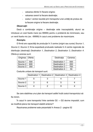MODELAREA ŞI SIMULAREA PROCESELOR ECONOMICE
- 13 -
- valoarea ofertei în fiecare origine;
- valoarea cererii la fiecare destinaţie;
- costul / venitul rezultat prin transportul unei unităţi de produs de
la fiecare origine la fiecare destinaţie.
Observaţii:
Dacă o combinaţie origine – destinaţie este inacceptabilă, atunci se
introduce un cost foarte mare (ex 99999) pentru o problemă de minimizare, sau
un venit foarte mic (ex. -99999) în cazul unei probleme de maximizare.
Exemplu.
O firmă are capacităţi de producţie în 3 centre (origini sau surse) Source 1,
Source 2, Source 3; firma expediază produsele realizate în 4 centre regionale de
distribuţie (destinaţii) Destination 1, Destination 2, Destination 3, Destination 4.
Oferta şi cererea sunt:
Originea Oferta Destinaţia Cererea
Source 1 500 Destination 1 500
Source 2 600 Destination 2 200
Source 3 350 Destination 3 700
Destination 4 50
Costurile unitare de transport sunt:
Destination 1 Destination 2 Destination 3 Destination 4
Source 1 5 3 4 7
Source 2 3 6 5 4
Source 3 4 2 9 4
Se cere stabilirea unui plan de transport astfel încât costul transportului să
fie minim.
În cazul în care transportul între centrele O2 → D2 devine imposibil, cum
se modifică planul de transport stabilit anterior?
Rezolvarea problemei este prezentată în Anexa 2 - pagina 52
 