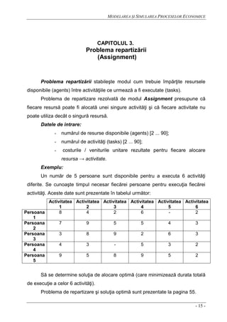 MODELAREA ŞI SIMULAREA PROCESELOR ECONOMICE
- 15 -
CAPITOLUL 3.
Problema repartizării
(Assignment)
Problema repartizării stabileşte modul cum trebuie împărţite resursele
disponibile (agents) între activităţiile ce urmează a fi executate (tasks).
Problema de repartizare rezolvată de modul Assignment presupune că
fiecare resursă poate fi alocată unei singure activităţi şi că fiecare activitate nu
poate utiliza decât o singură resursă.
Datele de intrare:
- numărul de resurse disponibile (agents) [2 ... 90];
- numărul de activităţi (tasks) [2 ... 90];
- costurile / veniturile unitare rezultate pentru fiecare alocare
resursa → activitate.
Exemplu:
Un număr de 5 persoane sunt disponibile pentru a executa 6 activităţi
diferite. Se cunoaşte timpul necesar fiecărei persoane pentru execuţia fiecărei
activităţi. Aceste date sunt prezentate în tabelul următor:
Activitatea
1
Activitatea
2
Activitatea
3
Activitatea
4
Activitatea
5
Activitatea
6
Persoana
1
8 4 2 6 - 2
Persoana
2
7 9 5 5 4 3
Persoana
3
3 8 9 2 6 3
Persoana
4
4 3 - 5 3 2
Persoana
5
9 5 8 9 5 2
Să se determine soluţia de alocare optimă (care minimizează durata totală
de execuţie a celor 6 activităţi).
Problema de repartizare şi soluţia optimă sunt prezentate la pagina 55.
 