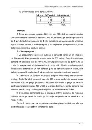 MODELAREA ŞI SIMULAREA PROCESELOR ECONOMICE
- 33 -
c) Determinarea a trei zone: A / B / C:
Grupa % Valorică % Cantitativă
A ≈ 70 ≈ 10
B ≈ 20 ≈ 20
C ≈ 10 ≈ 10
100% 100%
Exemplu:
O firmă are cererea anuală (360 zile) de 200t dintr-un anumit produs.
Costul de lansare a comenzii este de 720 u.m., iar costul pe stocare pe zi/t este
de 1 u.m. timpul de avans este de 4 zile. In ipoteza că vânzarea este uniformă,
aprovizionarea se face la intervale egale şi nu se permite lipsa produsului , să se
determine elementele gestiunii optime.
Probleme propuse:
1. Un producător de accesorii auto are o comandă pentru un an (250 zile)
de 200 unităţi. Rata producţiei anuale este de 500 unităţi. Costul lansări unei
comenzi în fabricaţie este de 100 u.m., preţul produsului este de 5000 u.m. iar
costul de stocare pentru întreaga perioadă reprezintă 10% din preţul produsului.
În ipoteza că cererea are un ritm constant şi nu se admit întârzieri în livrare, cum
trebuie organizată producţia a.î. să se realizeze o gestiune optimă a stocului.
2. O firmă are un consum anual (300 zile) de 3000 unităţi dintr-un anumit
produs. Costul lansării comenzii este de 500 u.m.iar costul de stocare anual
reprezintă 10% din preţul produsului. Produsul este oferit la preţul de 40 u.m.
pentru comenzi mai mici de 100 unităţi şi la preţul de 30 u.m. pentru comenzi mai
mari de 100 de unităţi. Stabiliţi politica optimă de aprovizionare a firmei.
3. O societate comercială face o analiză a mărimi stocurilor de materiale
utilizate pentru procesul de producţie în funcţie de ponderea lor valorică şi de
rulajul mediu.
Pentru 8 dintre cele mai importante materiale şi combustibili s-au efectuat
studii statistice şi s-au obţinut următoarele date:
 