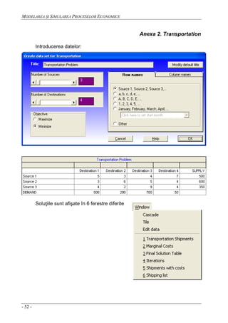 MODELAREA ŞI SIMULAREA PROCESELOR ECONOMICE
- 52 -
Anexa 2. Transportation
Introducerea datelor:
Soluţiile sunt afişate în 6 ferestre diferite
 