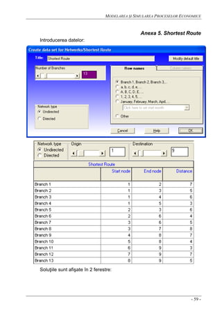 MODELAREA ŞI SIMULAREA PROCESELOR ECONOMICE
- 59 -
Anexa 5. Shortest Route
Introducerea datelor:
Soluţiile sunt afişate în 2 ferestre:
 