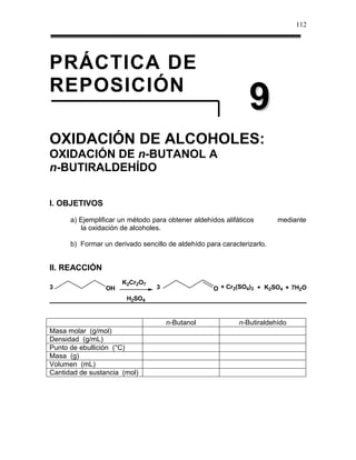 112




PRÁCTICA DE
REPOSICIÓN
                                                               9
OXIDACIÓN DE ALCOHOLES:
OXIDACIÓN DE n-BUTANOL A
n-BUTIRALDEHÍDO

I. OBJETIVOS
      a) Ejemplificar un método para obtener aldehídos alifáticos       mediante
         la oxidación de alcoholes.

      b) Formar un derivado sencillo de aldehído para caracterizarlo.


II. REACCIÓN
                      K2Cr2O7
3                OH              3                 O + Cr2(SO4)3 + K2SO4 + 7H2O
                        H2SO4


                                     n-Butanol              n-Butiraldehído
Masa molar (g/mol)
Densidad (g/mL)
Punto de ebullición (°C)
Masa (g)
Volumen (mL)
Cantidad de sustancia (mol)
 