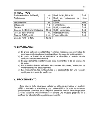 67


III. REACTIVOS
Acetona destilada de KMnO4             1 mL    Disol. de NH4OH al 5%          5 mL
Acetofenona                             1g     Disol. de yodo/yoduro    de   15 mL
                                               potasio
Benzaldehído                            1 mL   Etanol                        20 mL
2-Butanona                               1g    Formaldehído                   1 mL
Dioxano                                 3 mL   HNO3 concentrado               5 mL
Disol. de 2,4-Dinitro-fenilhidrazina   10 mL   H2SO4 concentrado              5 mL
Disol. de ácido crómico                 1 mL   Metilisobutilcetona            1 mL
Disol. de AgNO3 al 5%                   2 mL   Propionaldehído                1 mL
Disol. de NaOH al 10%                  10 mL



IV. INFORMACIÓN
     a) El grupo carbonilo en aldehídos y cetonas reacciona con derivados del
        amoniaco produciendo compuestos sólidos de punto de fusión definido.
     b) El punto de fusión de los derivados de aldehídos y cetonas permite
        caracterizarlos cualitativamente.
     c) El grupo carbonilo de aldehídos se oxida fácilmente y el de las cetonas no
        se oxida.
     d) Las -hidroxicetonas, así como los azúcares reductores, reaccionan de
        manera semejante a los aldehídos.
     e) Las metilcetonas, los metilalcoholes y el acetaldehído dan una reacción
        positiva en la prueba del haloformo.


V. PROCEDIMIENTO

      Cada alumno debe elegir para trabajar un aldehído aromático, un aldehído
     alifático, una cetona aromática y una cetona alifática de entre las muestras
     patrón que se colocarán en la campana; y debe de realizar todas las pruebas
     a cada sustancia. Posteriormente se recibirá una muestra problema si el
     profesor de laboratorio lo considera conveniente.
 