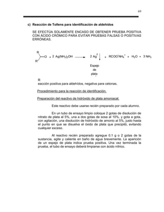 69



c) Reacción de Tollens para identificación de aldehídos

   SE EFECTÚA SOLAMENTE ENCASO DE OBTENER PRUEBA POSITIVA
   CON ÁCIDO CRÓMICO PARA EVITAR PRUEBAS FALSAS O POSITIVAS
   ERRÓNEAS.



     R
                                                0               -   +
           O + 2 Ag(NH3)2OH                2 Ag      + RCOO NH4         + H2O + 3 NH3
    R'
                                           Espejo
                                            de
                                           plata

      R
      eacción positiva para aldehídos, negativa para cetonas.

      Procedimiento para la reacción de identificación.

      Preparación del reactivo de hidróxido de plata amoniacal.

                Este reactivo debe usarse recién preparado por cada alumno.

                En un tubo de ensayo limpio coloque 2 gotas de disolución de
      nitrato de plata al 5%, una a dos gotas de sosa al 10%, y gota a gota,
      con agitación, una disolución de hidróxido de amonio al 5%, justo hasta
      el punto en que se disuelva el óxido de plata que precipitó, evitando
      cualquier exceso.

               Al reactivo recién preparado agregue 0.1 g o 2 gotas de la
      sustancia, agite y caliente en baño de agua brevemente. La aparición
      de un espejo de plata indica prueba positiva. Una vez terminada la
      prueba, el tubo de ensayo deberá limpiarse con ácido nítrico.
 