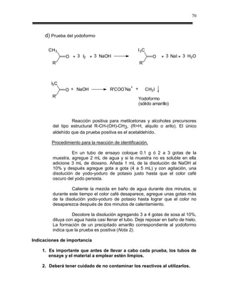 70



      d) Prueba del yodoformo

       CH3                                           I 3C
                O + 3 I2 + 3 NaOH                                O   + 3 NaI + 3 H2O
         R'                                              R'



        I3C
                                             -   +
               O + NaOH               R'COO Na       +        CH3I
         R'
                                                         Yodoformo
                                                         (sólido amarillo)


                  Reacción positiva para metilcetonas y alcoholes precursores
         del tipo estructural R-CH-(OH)-CH3, (R=H, alquilo o arilo). El único
         aldehído que da prueba positiva es el acetaldehído.

         Procedimiento para la reacción de identificación.

                   En un tubo de ensayo coloque 0.1 g ó 2 a 3 gotas de la
         muestra, agregue 2 mL de agua y si la muestra no es soluble en ella
         adicione 3 mL de dioxano. Añada 1 mL de la disolución de NaOH al
         10% y después agregue gota a gota (4 a 5 mL) y con agitación, una
         disolución de yodo-yoduro de potasio justo hasta que el color café
         oscuro del yodo persista.

                  Caliente la mezcla en baño de agua durante dos minutos, si
         durante este tiempo el color café desaparece, agregue unas gotas más
         de la disolución yodo-yoduro de potasio hasta lograr que el color no
         desaparezca después de dos minutos de calentamiento.

                   Decolore la disolución agregando 3 a 4 gotas de sosa al 10%,
         diluya con agua hasta casi llenar el tubo. Deje reposar en baño de hielo.
         La formación de un precipitado amarillo correspondiente al yodoformo
         indica que la prueba es positiva (Nota 2).

Indicaciones de importancia

    1. Es importante que antes de llevar a cabo cada prueba, los tubos de
       ensaye y el material a emplear estén limpios.

    2. Deberá tener cuidado de no contaminar los reactivos al utilizarlos.
 