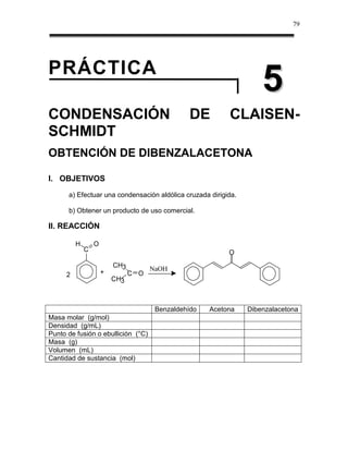 79




PRÁCTICA
                                                                    5
CONDENSACIÓN                                     DE        CLAISEN-
SCHMIDT
OBTENCIÓN DE DIBENZALACETONA

I. OBJETIVOS
      a) Efectuar una condensación aldólica cruzada dirigida.

      b) Obtener un producto de uso comercial.

II. REACCIÓN

          H       O
              C                                            O
                          CH3
                      +               NaOH
      2                         C O
                          CH3



                                       Benzaldehído   Acetona   Dibenzalacetona
Masa molar (g/mol)
Densidad (g/mL)
Punto de fusión o ebullición (°C)
Masa (g)
Volumen (mL)
Cantidad de sustancia (mol)
 