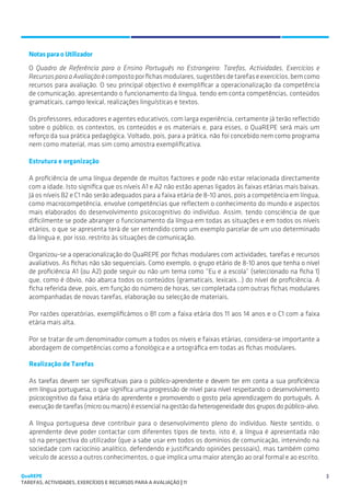 SUGESTÕES DE TRABALHO


   Notas para o Utilizador
   O Quadro de Referência para o Ensino Português no Estrangeiro: Tarefas, Actividades, Exercícios e
   Recursos para a Avaliação é composto por fichas modulares, sugestões de tarefas e exercícios, bem como
   recursos para avaliação. O seu principal objectivo é exemplificar a operacionalização da competência
   de comunicação, apresentando o funcionamento da língua, tendo em conta competências, conteúdos
   gramaticais, campo lexical, realizações linguísticas e textos.

   Os professores, educadores e agentes educativos, com larga experiência, certamente já terão reflectido
   sobre o público, os contextos, os conteúdos e os materiais e, para esses, o QuaREPE será mais um
   reforço da sua prática pedagógica. Voltado, pois, para a prática, não foi concebido nem como programa
   nem como material, mas sim como amostra exemplificativa.

   Estrutura e organização

   A proficiência de uma língua depende de muitos factores e pode não estar relacionada directamente
   com a idade. Isto significa que os níveis A1 e A2 não estão apenas ligados às faixas etárias mais baixas.
   Já os níveis B2 e C1 não serão adequados para a faixa etária de 8-10 anos, pois a competência em língua,
   como macrocompetência, envolve competências que reflectem o conhecimento do mundo e aspectos
   mais elaborados do desenvolvimento psicocognitivo do indivíduo. Assim, tendo consciência de que
   dificilmente se pode abranger o funcionamento da língua em todas as situações e em todos os níveis
   etários, o que se apresenta terá de ser entendido como um exemplo parcelar de um uso determinado
   da língua e, por isso, restrito às situações de comunicação.

   Organizou-se a operacionalização do QuaREPE por fichas modulares com actividades, tarefas e recursos
   avaliativos. As fichas não são sequenciais. Como exemplo, o grupo etário de 8-10 anos que tenha o nível
   de proficiência A1 (ou A2) pode seguir ou não um tema como “Eu e a escola” (seleccionado na ficha 1)
   que, como é óbvio, não abarca todos os conteúdos (gramaticais, lexicais…) do nível de proficiência. A
   ficha referida deve, pois, em função do número de horas, ser completada com outras fichas modulares
   acompanhadas de novas tarefas, elaboração ou selecção de materiais.

   Por razões operatórias, exemplificámos o B1 com a faixa etária dos 11 aos 14 anos e o C1 com a faixa
   etária mais alta.

   Por se tratar de um denominador comum a todos os níveis e faixas etárias, considera-se importante a
   abordagem de competências como a fonológica e a ortográfica em todas as fichas modulares.

   Realização de Tarefas

   As tarefas devem ser significativas para o público-aprendente e devem ter em conta a sua proficiência
   em língua portuguesa, o que significa uma progressão de nível para nível respeitando o desenvolvimento
   psicocognitivo da faixa etária do aprendente e promovendo o gosto pela aprendizagem do português. A
   execução de tarefas (micro ou macro) é essencial na gestão da heterogeneidade dos grupos do público-alvo.

   A língua portuguesa deve contribuir para o desenvolvimento pleno do indivíduo. Neste sentido, o
   aprendente deve poder contactar com diferentes tipos de texto, isto é, a língua é apresentada não
   só na perspectiva do utilizador (que a sabe usar em todos os domínios de comunicação, intervindo na
   sociedade com raciocínio analítico, defendendo e justificando opiniões pessoais), mas também como
   veículo de acesso a outros conhecimentos, o que implica uma maior atenção ao oral formal e ao escrito.

QuaREPE                                                                                                        3
TAREFAS, ACTIVIDADES, EXERCÍCIOS E RECURSOS PARA A AVALIAÇÃO | 11 
 