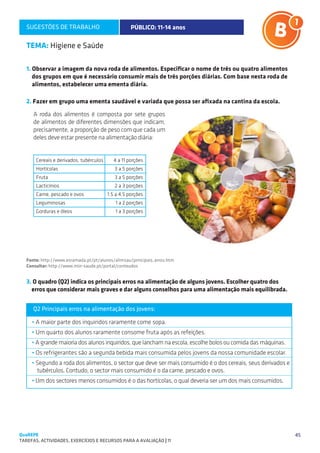 SUGESTÕES DE TRABALHO                           PÚBLICO: 11-14 anos

   TEMA: Higiene e Saúde

   1. Observar a imagem da nova roda de alimentos. Especificar o nome de três ou quatro alimentos
      dos grupos em que é necessário consumir mais de três porções diárias. Com base nesta roda de
      alimentos, estabelecer uma ementa diária.

   2. Fazer em grupo uma ementa saudável e variada que possa ser afixada na cantina da escola.
      A roda dos alimentos é composta por sete grupos
      de alimentos de diferentes dimensões que indicam,
                                                        
      precisamente, a proporção de peso com que cada um
      deles deve estar presente na alimentação diária:




   Fonte: http://www.esramada.pt/pt/alunos/alimsau/principais_erros.htm
   Consultar: http://www.min-saude.pt/portal/conteudos
   	

   3. O quadro (Q2) indica os principais erros na alimentação de alguns jovens. Escolher quatro dos
     erros que considerar mais graves e dar alguns conselhos para uma alimentação mais equilibrada.


      Q2 Principais erros na alimentação dos jovens:

     • A maior parte dos inquiridos raramente come sopa.
     • Um quarto dos alunos raramente consome fruta após as refeições.
     • A grande maioria dos alunos inquiridos, que lancham na escola, escolhe bolos ou comida das máquinas.
     • Os refrigerantes são a segunda bebida mais consumida pelos jovens da nossa comunidade escolar.
     • Segundo a roda dos alimentos, o sector que deve ser mais consumido é o dos cereais, seus derivados e
       tubérculos. Contudo, o sector mais consumido é o da carne, pescado e ovos.
     • Um dos sectores menos consumidos é o das hortícolas, o qual deveria ser um dos mais consumidos. 




QuaREPE                                                                                                       45
TAREFAS, ACTIVIDADES, EXERCÍCIOS E RECURSOS PARA A AVALIAÇÃO | 11 
 