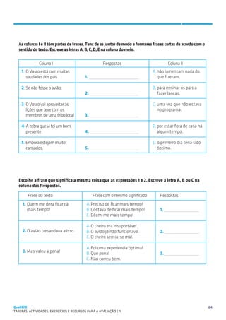 SUGESTÕES DE TRABALHO




   As colunas I e II têm partes de frases. Tens de as juntar de modo a formares frases certas de acordo com o
   sentido do texto. Escreve as letras A, B, C, D, E na coluna do meio.


               Coluna I                                Respostas	                           Coluna II
    1.	 O Vasco está com muitas                                                   A.	não lamentam nada do
        saudades dos pais                  1.                                       que fizeram.

    2.	Se não fosse o avião,                                                      B.	para ensinar os pais a
                                           2.                                       fazer lanças.

    3.	O Vasco vai aproveitar as                                                  C.	uma vez que não estava
       lições que teve com os                                                        no programa.
       membros de uma tribo local          3. 

    4.	A zebra que vi foi um bom                                                  D.	por estar fora de casa há
       presente                            4.                                       algum tempo.

    5. Embora estejam muito                                                       E. o primeiro dia teria sido
       cansados,                           5.                                       óptimo.




   Escolhe a frase que significa a mesma coisa que as expressões 1 e 2. Escreve a letra A, B ou C na
   coluna das Respostas.

        Frase do texto	                           Frase com o mesmo significado       Respostas
     1.	Quem me dera ficar cá               A.	Preciso de ficar mais tempo!
        mais tempo!                         B.	Gostava de ficar mais tempo!           1. 
                                            C.	Dêem-me mais tempo!

                                            A.	O cheiro era insuportável.
     2.	O avião tresandava a isso.          B.	O avião já não funcionava.             2. 
                                            C.	O cheiro sentia-se mal.

                                            A.	Foi uma experiência óptima!
     3.	Mas valeu a pena!                   B.	Que pena!                              3. 
                                            C.	Não correu bem.




QuaREPE                                                                                                          64
TAREFAS, ACTIVIDADES, EXERCÍCIOS E RECURSOS PARA A AVALIAÇÃO | 11 
 