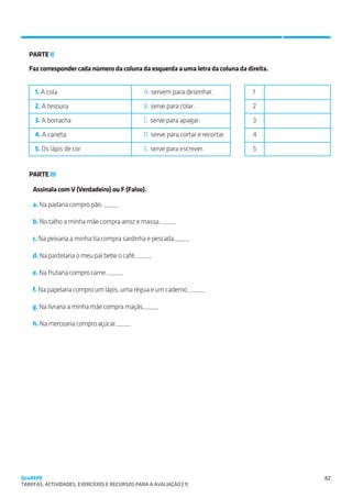 SUGESTÕES DE TRABALHO


   PARTE II

   Faz corresponder cada número da coluna da esquerda a uma letra da coluna da direita.


     1. A cola                                  A. servem para desenhar.           1

     2. A tesoura                               B. serve para colar.               2

     3. A borracha                              C. serve para apagar.              3

     4. A caneta                                D. serve para cortar e recortar.   4

     5. Os lápis de cor                         E. serve para escrever.            5


   PARTE III

    Assinala com V (Verdadeiro) ou F (Falso).

    a. Na padaria compro pão. _____

    b. No talho a minha mãe compra arroz e massa. _____

    c. Na peixaria a minha tia compra sardinha e pescada._____

    d. Na pastelaria o meu pai bebe o café. _____

    e. Na frutaria compro carne. _____

    f. Na papelaria compro um lápis, uma régua e um caderno. _____

    g. Na livraria a minha mãe compra maçãs._____

    h. Na mercearia compro açúcar._____




QuaREPE                                                                                   82
TAREFAS, ACTIVIDADES, EXERCÍCIOS E RECURSOS PARA A AVALIAÇÃO | 11 
 