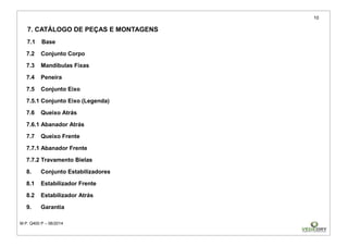 10
M.P. Q400 P – 06/2014
7. CATÁLOGO DE PEÇAS E MONTAGENS
7.1 Base
7.2 Conjunto Corpo
7.3 Mandíbulas Fixas
7.4 Peneira
7.5 Conjunto Eixo
7.5.1 Conjunto Eixo (Legenda)
7.6 Queixo Atrás
7.6.1 Abanador Atrás
7.7 Queixo Frente
7.7.1 Abanador Frente
7.7.2 Travamento Bielas
8. Conjunto Estabilizadores
8.1 Estabilizador Frente
8.2 Estabilizador Atrás
9. Garantia
 