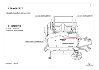 4
M.P. Q400 P – 06/2014
2. TRANSPORTE
Indicação dos olhais de içamento.
2.1 IÇAMENTO
(1) - Fixar o gancho de
içamento nos olhais indicados.
 