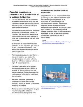 Manual para el desarrollo en el aula del CNB de bachillerato en Ciencias y Letras con orientación en Educación
subárea curricular Química, quinto grado
16
Aspectos importantes a
considerar en la planificación en
la subárea de Química:
• Los procedimientos: son las diferentes
acciones que se realizan en el aula. Es
necesario considerar en el desarrollo de
los mismos, los momentos didácticos:
inicio, desarrollo y cierre.
Estos se desarrollan mediante diferentes
actividades, que van de lo simple a lo
complejo, que desarrollan destrezas de
pensamiento del nivel literal o simple y
otras que lo desarrollan al más alto nivel
o complejo.
El desarrollo de procedimientos debe
centrarse en una secuencia que parta de
lo fácil y concreto, refiriéndose a las
habilidades de pensamiento requeridas
para su ejecución.
• Actividades de evaluación: se refieren a
las construcciones que realizan los
estudiantes para demostrar –al inicio,
durante y al final del proceso-, el nivel de
logro de las competencias.
• Recursos materiales: se consideran
todos aquellos elementos y objetos al
alcance de los docentes y otros que
puedan gestionar. Entre estos están los
materiales del entorno y los materiales
estructurados.
• Recursos humanos: comprende a
directores, docentes, estudiantes,
madres y padres de familia, y comunidad
educativa en general.
• Textos escolares: constituyen el apoyo o
recurso que pueden utilizar los
estudiantes en su trabajo en el aula.
Importancia de la planificación de los
aprendizajes:
La planificación es una herramienta técnica
que coadyuva a la toma de decisiones para
los docentes, por ser producto de la
evaluación de los aprendizajes y el
desarrollo de los alumnos. Tiene como
propósito facilitar la organización de
elementos que orienten el proceso educativo
y por lo tanto, es importante lograr una
relación coherente entre los resultados de la
evaluación, lo que se piensa (el plan) y lo
que se hace (desarrollo del plan o
planificación).
http://wwwmaterialdelaboratorio.blogspot.com/2009/10/tambie
n-un-laboratorio-quimico.html
Fuente:
http://portaleducativo.edu.ve/Políticas_edu/lineamientos_m
ppe/documentos/Evaluacionyplanificacion.pdf
 