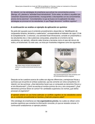 Manual para el desarrollo en el aula del CNB de bachillerato en Ciencias y Letras con orientación en Educación
subárea curricular Química, quinto grado
30
En relación con las estrategias de enseñanza que activan los conocimientos previos,
(Barriga, s/f), plantea la “actividad focal introductoria”. Entre estas, se refiere a aquellas que
“presentan situaciones sorprendentes, incongruentes o discrepantes con los conocimientos
previos de los alumnos”. Concretametne, lo que se busca con la aplicación de estas
estrategias es provocar en los estudiantes, lo que Piaget denominó “conflicto cognitivo”.
A continuación se analiza un ejemplo de aplicación en química:
Se parte del supuesto que el contenido procedimental a desarrollar es “identificación de
compuestos binarios, terciarios y cuaternarios”, correspondiente al Indicador de Logro 3.3 de
la Competencia No. 3, entonces, una actividad focal introductoria, consiste en presentarles a
los estudiantes dos o más sustancias compuestas, presentes en el entorno de los
estudiantes, por ejemplo, utilizando sales binarias y terciarias como el caso del cloruro de
sodio y el bicarbonato. Es este caso, se inicia por mostrarles imágenes como las siguientes:
Después se les cuestiona acerca de cuáles son algunas diferencias y semejanzas físicas y
químicas que encuentra en ambas sustancias, que las comente con otros compañeros. En
relación con las químicas: ¿Qué elementos hacen que un compuesto se denomine Cloruro y
el otro Bicarbonato? ¿Cómo se escribe el nombre químico de uno y otro compuesto? ¿Qué
elementos químicos tienen en común? En cantidades superiores a lo normal ¿qué daños
provocan al organismo?
El ejemplo anterior es una forma estimular un conflicto cognitivo en los estudiantes acerca
de un contenido procedimental en Química ¿Cuál otro propone usted?
Otra estrategia de enseñanza son los organizadores previos, los cuales se utilizan como
puentes cognitivos que conectan la información conocida y lo que se necesita conocer. A
continuación analizaremos un ejemplo práctico:
http://www.meiqe.com/gran-porcentaje-de-la-
poblacion-mundial-consume-sal-mas-de-lo-que-
debe/
http://recetasvegetarianas7.files.wordpress.com/
2013/02/alcalinizacic3b3n-milagrosa-
 