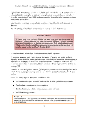 Manual para el desarrollo en el aula del CNB de bachillerato en Ciencias y Letras con orientación en Educación
Subárea curricular Química, quinto grado
33
organización (Díaz Barriga y Hernández, 2003), pero también las hay de elaboración, en
esta clasificación, se emplea el resúmen, analogías, inferencias, imágenes mentales y
otras. De acuerdo con (Pozo, 1990) ambas estrategias desarrollan el proceso denominado
Aprendizaje Significativo.
A continuación se analiza un ejemplo del parafraseo y su utilización en la subárea de
Química:
Considere la siguiente información extraída de un libro de texto de Química:
Al parafrasear esta información se expresaría de la forma siguiente:
El agua que bebemos, está compuesta de Hidrógeno y Oxígeno, los cuales en forma
separada, son sustancias puras, porque poseen características diferentes. Se componen de
átomos de un sólo tipo y su apariencia física es diferente. Este tipo de sustancias se
denominan elementos, de los cuales, 90 son naturales y 23 de origen artificial. En total se
conocen 113.
Entonces, a partir del ejemplo anterior, ¿qué significa parafrasear las ideas originales de un
autor? Por favor, compare su respuesta con la definición que se localiza al ladillo de esta
página.
Según ese autor, algunas ideas para parafrasear son:
• Utilizar sinónimos para todas las palabras que no sean genéricas (principales)
• Cambiar la voz pasiva por activa o viceversa
• Cambiar la estructura de las palabras, oraciones u párrafos.
• Resumir frases y párrafos
•
Elementos y átomos
“Al hacer pasar una corriente eléctrica por agua pura, esta se descompone en
hidrógeno y oxígeno gaseosos. Las sustancias como el hidrógeno y oxígeno formadas
por un solo tipo de átomos se clasifican como elementos. En la actualidad se conocen
113 elementos; de ellos, sólo 90 aproximadamente se encuentran en la naturaleza y el
resto fue creado por los científicos”. (Treichel, 2005)
Actividad 8:
Estimado Profesor: ¿Qué le parece si se anima a parafrasear otro texto relacionado con los
aprendizaje de la Química? Sería importante, además, que comente su experiencia con
otros compañeros.
 