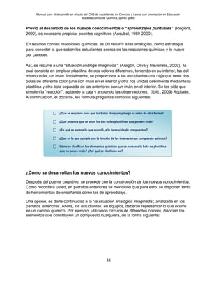 Manual para el desarrollo en el aula del CNB de bachillerato en Ciencias y Letras con orientación en Educación
subárea curricular Química, quinto grado
38
Previo al desarrollo de los nuevos conocimientos o “aprendizajes puntuales” (Rogiers,
2000), es necesario propiciar puentes cognitivos (Ausubel, 1980-2000).
En relación con las reacciones químicas, es útil recurrir a las analogías, como estrategia
para conectar lo que saben los estudiantes acerca de las reacciones químicas y lo nuevo
por conocer.
Así, se recurre a una “situación análoga imaginada”, (Aragón, Oliva y Navarrete, 2009), la
cual consiste en emplear plastilina de dos colores diferentes, teniendo en su interior, las del
mismo color, un imán. Inicialmente, se proporciona a los estudiantes una caja que tiene dos
bolas de diferente color (una con imán en el interior y otra no) unidas débilmente mediante la
plastilina y otra bola separada de las anteriores con un imán en el interior. Se les pide que
simulen la “reacción”, agitando la caja y anotando las observaciones. (Ibíd., 2009) Adptado.
A continuación, el docente, les formula preguntas como las siguientes:
¿Cómo se desarrollan los nuevos conocimientos?
Después del puente cognitivo, se procede con la construcción de los nuevos conocimientos.
Como recordará usted, en párrafos anteriores se mencionó que para esto, se disponen tanto
de herramientas de enseñanza como las de aprendizaje.
Una opción, es darle continuidad a la “la situación analógica imaginada”, analizada en los
párrafos anteriores. Ahora, los estudiantes, en equipos, deberán representar lo que ocurre
en un cambio químico. Por ejemplo, utilizando círculos de diferentes colores, disocian los
elementos que constituyen un compuesto cualquiera, de la forma siguiente:
 ¿Qué se requiere para que las bolas choquen y luego se unan de otra forma?
 ¿Qué provoca que se unan las dos bolas plastilinas que poseen imán?
 ¿En qué se parece lo que ocurrió, a la formación de compuestos?
 ¿Qué es lo que cumple con la función de los imanes en un compuesto químico?
 Cómo se clasifican los elementos químicos que se parece a la bola de plastilina
que no posee imán? ¿Por qué se clasifican así?
 