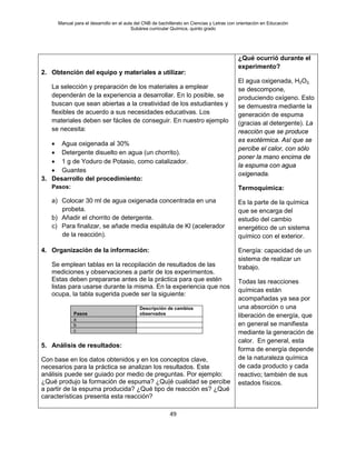 Manual para el desarrollo en el aula del CNB de bachillerato en Ciencias y Letras con orientación en Educación
Subárea curricular Química, quinto grado
49
2. Obtención del equipo y materiales a utilizar:
La selección y preparación de los materiales a emplear
dependerán de la experiencia a desarrollar. En lo posible, se
buscan que sean abiertas a la creatividad de los estudiantes y
flexibles de acuerdo a sus necesidades educativas. Los
materiales deben ser fáciles de conseguir. En nuestro ejemplo
se necesita:
• Agua oxigenada al 30%
• Detergente disuelto en agua (un chorrito).
• 1 g de Yoduro de Potasio, como catalizador.
• Guantes
3. Desarrollo del procedimiento:
Pasos:
a) Colocar 30 ml de agua oxigenada concentrada en una
probeta.
b) Añadir el chorrito de detergente.
c) Para finalizar, se añade media espátula de Kl (acelerador
de la reacción).
4. Organización de la información:
Se emplean tablas en la recopilación de resultados de las
mediciones y observaciones a partir de los experimentos.
Estas deben prepararse antes de la práctica para que estén
listas para usarse durante la misma. En la experiencia que nos
ocupa, la tabla sugerida puede ser la siguiente:
Pasos
Descripción de cambios
observados
a
b
c
5. Análisis de resultados:
Con base en los datos obtenidos y en los conceptos clave,
necesarios para la práctica se analizan los resultados. Este
análisis puede ser guiado por medio de preguntas. Por ejemplo:
¿Qué produjo la formación de espuma? ¿Qu|é cualidad se percibe
a partir de la espuma producida? ¿Qué tipo de reacción es? ¿Qué
características presenta esta reacción?
¿Qué ocurrió durante el
experimento?
El agua oxigenada, H2O2,
se descompone,
produciendo oxígeno. Esto
se demuestra mediante la
generación de espuma
(gracias al detergente). La
reacción que se produce
es exotérmica. Así que se
percibe el calor, con sólo
poner la mano encima de
la espuma con agua
oxigenada.
Termoquímica:
Es la parte de la química
que se encarga del
estudio del cambio
energético de un sistema
químico con el exterior.
Energía: capacidad de un
sistema de realizar un
trabajo.
Todas las reacciones
químicas están
acompañadas ya sea por
una absorción o una
liberación de energía, que
en general se manifiesta
mediante la generación de
calor. En general, esta
forma de energía depende
de la naturaleza química
de cada producto y cada
reactivo; también de sus
estados físicos.
 