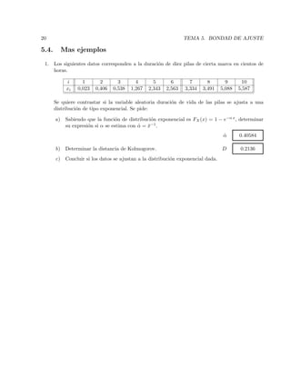 20 TEMA 5. BONDAD DE AJUSTE
5.4. Mas ejemplos
1. Los siguientes datos corresponden a la duraci´on de diez pilas de cierta marca en cientos de
horas.
i 1 2 3 4 5 6 7 8 9 10
xi 0,023 0,406 0,538 1,267 2,343 2,563 3,334 3,491 5,088 5,587
Se quiere contrastar si la variable aleatoria duraci´on de vida de las pilas se ajusta a una
distribuci´on de tipo exponencial. Se pide:
a) Sabiendo que la funci´on de distribuci´on exponencial es FX(x) = 1 − e−α x, determinar
su expresi´on si α se estima con ˆα = ¯x−1.
ˆα 0.40584
b) Determinar la distancia de Kolmogorov. D 0.2136
c) Concluir si los datos se ajustan a la distribuci´on exponencial dada.
 