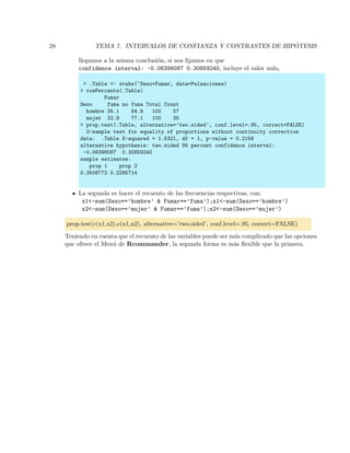 28 TEMA 7. INTERVALOS DE CONFIANZA Y CONTRASTES DE HIP ´OTESIS
llegamos a la misma conclusi´on, si nos ﬁjamos en que
confidence interval: -0.06398087 0.30859240, incluye el valor nulo,
> .Table <- xtabs(~Sexo+Fumar, data=Pulsaciones)
> rowPercents(.Table)
Fumar
Sexo fuma no fuma Total Count
hombre 35.1 64.9 100 57
mujer 22.9 77.1 100 35
> prop.test(.Table, alternative=’two.sided’, conf.level=.95, correct=FALSE)
2-sample test for equality of proportions without continuity correction
data: .Table X-squared = 1.5321, df = 1, p-value = 0.2158
alternative hypothesis: two.sided 95 percent confidence interval:
-0.06398087 0.30859240
sample estimates:
prop 1 prop 2
0.3508772 0.2285714
La segunda es hacer el recuento de las frecuencias respectivas, con:
x1<-sum(Sexo==’hombre’ & Fumar==’fuma’);n1<-sum(Sexo==’hombre’)
x2<-sum(Sexo==’mujer’ & Fumar==’fuma’);n2<-sum(Sexo==’mujer’)
prop.test(c(x1,x2),c(n1,n2), alternative=’two.sided’, conf.level=.95, correct=FALSE)
Teniendo en cuenta que el recuento de las variables puede ser m´as complicado que las opciones
que ofrece el Men´u de Rcommander, la segunda forma es m´as ﬂexible que la primera.
 