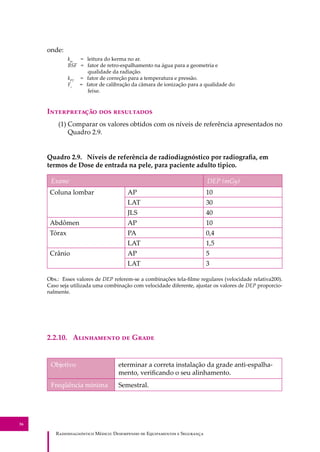 R��������������� M�����: D��������� �� E����������� � S��������
36
onde:
kar
= leitura do kerma no ar.
BSF = fator de retro-espalhamento na água para a geometria e
qualidade da radiação.
kPT
= fator de correção para a temperatura e pressão.
Fc
= fator de calibração da câmara de ionização para a qualidade do
feixe.
I������������ ��� ����������
(1) Comparar os valores obtidos com os níveis de referência apresentados no
Quadro 2.9.
Quadro 2.9. Níveis de referência de radiodiagnóstico por radiograﬁa, em
termos de Dose de entrada na pele, para paciente adulto tipico.
Exame DEP (mGy)
Coluna lombar AP 10
LAT 30
JLS 40
Abdômen AP 10
Tórax PA 0,4
LAT 1,5
Crânio AP 5
LAT 3
Obs.: Esses valores de DEP referem-se a combinações tela-ﬁlme regulares (velocidade relativa200).
Caso seja utilizada uma combinação com velocidade diferente, ajustar os valores de DEP proporcio-
nalmente.
2.2.10. A���������� �� G����
Objetivo eterminar a correta instalação da grade anti-espalha-
mento, veriﬁcando o seu alinhamento.
Freqüência mínima Semestral.
 