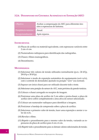 R��������������� M�����: D��������� �� E����������� � S��������
52
3.2.6. D��������� �� C������� A��������� �� E�������� (AEC)
Objetivo Avaliar a compensação do AEC para diferentes ten-
sões e espessuras de fantoma.
Freqüência mínima Anual.
Excepcionalmente Após reparos.
I�����������
(1) Placas de acrílico ou material equivalente, com espessuras variáveis entre
2 cm e 6 cm.
(2) Numeradores radiopacos para identiﬁcação das radiograﬁas.
(3) Chassi e ﬁlmes mamográﬁcos.
(4) Densitômetro.
M����������
(1) Selecionar três valores de tensão utilizados normalmente (p.ex.: 26 kVp,
28 kVp e 30 kVp).
(2) Selecionar o modo de exposição automática do equipamento (auto mAs),
com o controle de densidades ajustado na posição “zero” (ou normal).
(3) Separar um único chassi para ser utilizado durante todo o teste.
(4) Selecionar uma posição do sensor do AEC, mais próxima da parede torácica.
(5) Colocar o chassi carregado no receptor de imagem.
(6) Posicionar uma placa de acrílico de 2 cm sobre o porta-chassi; a placa de
acrílico deve cobrir completamente a área ativa do sensor selecionado.
(7) Colocar um numerador radiopaco para identiﬁcar a imagem.
(8) Posicionar a bandeja de compressão sobre a placa de acrílico.
(9) Selecionar o primeiro valor de tensão, fazer uma exposição e anotar o va-
lor do mAs.
(10) Revelar o ﬁlme.
(11) Repetir o procedimento para o mesmo valor da tensão, variando as es-
pessuras da placa de acrílico para 4 cm e 6 cm.
(12) Repetir todo o procedimento para os demais valores selecionados de tensão.
 