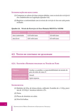 R��������������� M�����: D��������� �� E����������� � S��������
68
I������������ ��� ����������
(1) Comparar os valores de dose externa obtidos, com os níveis de restrição de
dose estabelecidos na Legislação (Quadro 4.4).
(2) Registrar a conformidade com os níveis de restrição de dose em cada ponto
avaliado.
Quadro 4.4. Níveis de Restrição de Dose (Portaria MS/SVS no
453/98)
Localização Restrição de Dose Semanal Restrição de Dose Anual
área controlada 0,10 mSv/sem 5,0 mSv/ano
área livre 0,01 mSv/sem 0,5 mSv/ano
4.2. T����� �� �������� �� ���������
4.2.1. E������� � R���������������� �� T����� �� T���
Objetivo Avaliar a exatidão e a reprodutibilidade da tensão de
pico do tubo de raios X.
Freqüência mínima Anual.
Excepcionalmente Após reparos.
I�����������
(1) Medidor de kVp, de leitura direta, calibrado. Exatidão de ± 1 kVp, preci-
são de 0,5 kVp e incerteza inferior a 2%.
(2) Trena.
(3) Placas de alumínio ou cobre.
(4) Nível de bolhas.
 