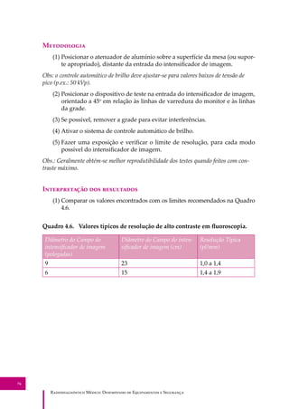 R��������������� M�����: D��������� �� E����������� � S��������
76
M����������
(1) Posicionar o atenuador de alumínio sobre a superfície da mesa (ou supor-
te apropriado), distante da entrada do intensiﬁcador de imagem.
Obs: o controle automático de brilho deve ajustar-se para valores baixos de tensão de
pico (p.ex.: 50 kVp).
(2) Posicionar o dispositivo de teste na entrada do intensiﬁcador de imagem,
orientado a 45o
em relação às linhas de varredura do monitor e às linhas
da grade.
(3) Se possível, remover a grade para evitar interferências.
(4) Ativar o sistema de controle automático de brilho.
(5) Fazer uma exposição e veriﬁcar o limite de resolução, para cada modo
possível do intensiﬁcador de imagem.
Obs.: Geralmente obtém-se melhor reprodutibilidade dos testes quando feitos com con-
traste máximo.
I������������ ��� ����������
(1) Comparar os valores encontrados com os limites recomendados na Quadro
4.6.
Quadro 4.6. Valores típicos de resolução de alto contraste em ﬂuoroscopia.
Diâmetro do Campo do
intensiﬁcador de imagem
(polegadas)
Diâmetro do Campo do inten-
siﬁcador de imagem (cm)
Resolução Típica
(pl/mm)
9 23 1,0 a 1,4
6 15 1,4 a 1,9
 