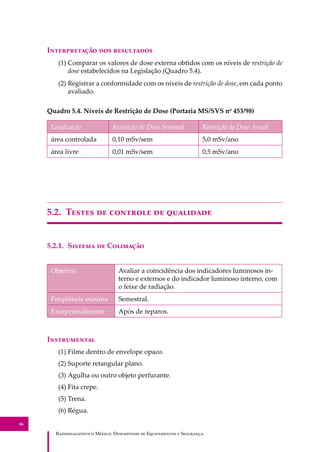 R��������������� M�����: D��������� �� E����������� � S��������
86
I������������ ��� ����������
(1) Comparar os valores de dose externa obtidos com os níveis de restrição de
dose estabelecidos na Legislação (Quadro 5.4).
(2) Registrar a conformidade com os níveis de restrição de dose, em cada ponto
avaliado.
Quadro 5.4. Níveis de Restrição de Dose (Portaria MS/SVS no
453/98)
Localização Restrição de Dose Semanal Restrição de Dose Anual
área controlada 0,10 mSv/sem 5,0 mSv/ano
área livre 0,01 mSv/sem 0,5 mSv/ano
5.2. T����� �� �������� �� ���������
5.2.1. S������ �� C��������
Objetivo Avaliar a coincidência dos indicadores luminosos in-
terno e externos e do indicador luminoso interno, com
o feixe de radiação.
Freqüência mínima Semestral.
Excepcionalmente Após de reparos.
I�����������
(1) Filme dentro de envelope opaco.
(2) Suporte retangular plano.
(3) Agulha ou outro objeto perfurante.
(4) Fita crepe.
(5) Trena.
(6) Régua.
 