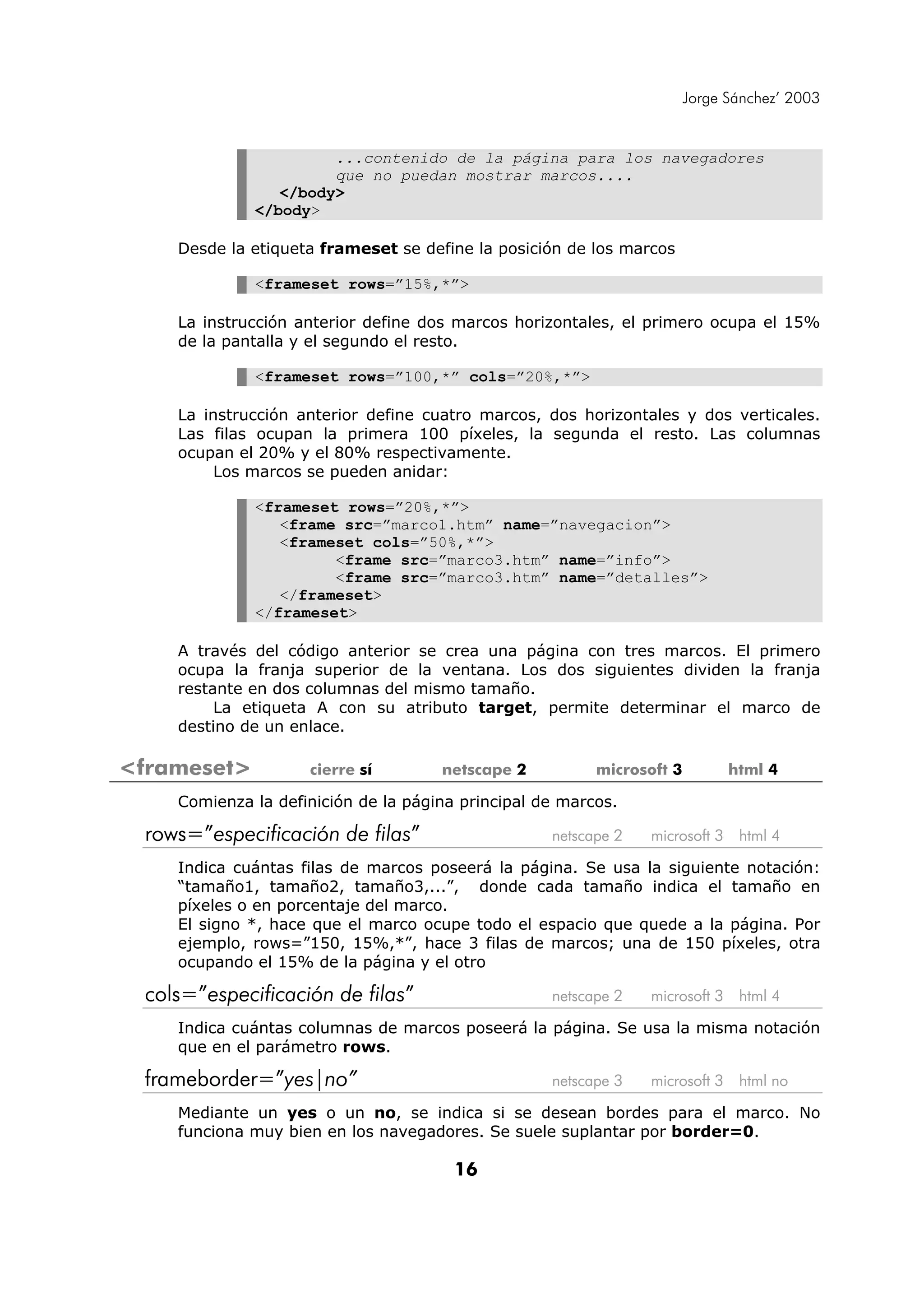 Jorge Sánchez’ 2003


                      ...contenido de la página para los navegadores
                      que no puedan mostrar marcos....
                </body>
             </body>

    Desde la etiqueta frameset se define la posición de los marcos

             <frameset rows=”15%,*”>

    La instrucción anterior define dos marcos horizontales, el primero ocupa el 15%
    de la pantalla y el segundo el resto.

             <frameset rows=”100,*” cols=”20%,*”>

    La instrucción anterior define cuatro marcos, dos horizontales y dos verticales.
    Las filas ocupan la primera 100 píxeles, la segunda el resto. Las columnas
    ocupan el 20% y el 80% respectivamente.
         Los marcos se pueden anidar:

             <frameset rows=”20%,*”>
                <frame src=”marco1.htm” name=”navegacion”>
                <frameset cols=”50%,*”>
                      <frame src=”marco3.htm” name=”info”>
                      <frame src=”marco3.htm” name=”detalles”>
                </frameset>
             </frameset>

    A través del código anterior se crea una página con tres marcos. El primero
    ocupa la franja superior de la ventana. Los dos siguientes dividen la franja
    restante en dos columnas del mismo tamaño.
         La etiqueta A con su atributo target, permite determinar el marco de
    destino de un enlace.

<frameset>          cierre sí        netscape 2          microsoft 3          html 4

    Comienza la definición de la página principal de marcos.

 rows=”especificación de filas”                    netscape 2   microsoft 3    html 4

    Indica cuántas filas de marcos poseerá la página. Se usa la siguiente notación:
    “tamaño1, tamaño2, tamaño3,...”, donde cada tamaño indica el tamaño en
    píxeles o en porcentaje del marco.
    El signo *, hace que el marco ocupe todo el espacio que quede a la página. Por
    ejemplo, rows=”150, 15%,*”, hace 3 filas de marcos; una de 150 píxeles, otra
    ocupando el 15% de la página y el otro

 cols=”especificación de filas”                    netscape 2   microsoft 3    html 4

    Indica cuántas columnas de marcos poseerá la página. Se usa la misma notación
    que en el parámetro rows.

 frameborder=”yes|no”                              netscape 3   microsoft 3    html no

    Mediante un yes o un no, se indica si se desean bordes para el marco. No
    funciona muy bien en los navegadores. Se suele suplantar por border=0.

                                       16
 