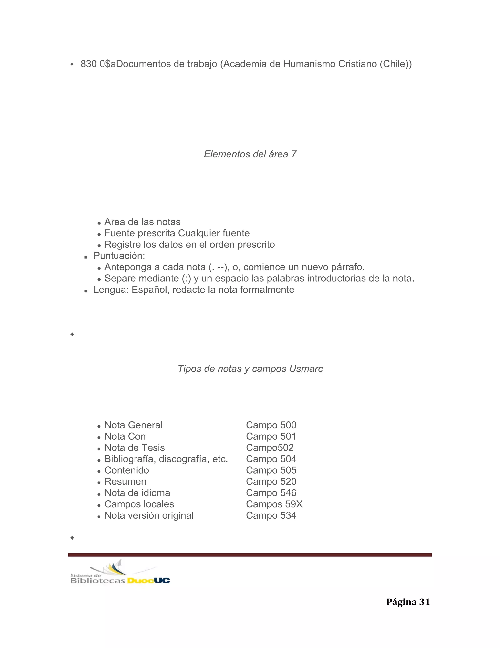   Página 31 
830 0$aDocumentos de trabajo (Academia de Humanismo Cristiano (Chile))
Elementos del área 7
Area de las notas
Fuente prescrita Cualquier fuente
Registre los datos en el orden prescrito
Puntuación:
Anteponga a cada nota (. --), o, comience un nuevo párrafo.
Separe mediante (:) y un espacio las palabras introductorias de la nota.
Lengua: Español, redacte la nota formalmente
Tipos de notas y campos Usmarc
Nota General Campo 500
Nota Con Campo 501
Nota de Tesis Campo502
Bibliografía, discografía, etc. Campo 504
Contenido Campo 505
Resumen Campo 520
Nota de idioma Campo 546
Campos locales Campos 59X
Nota versión original Campo 534
 
