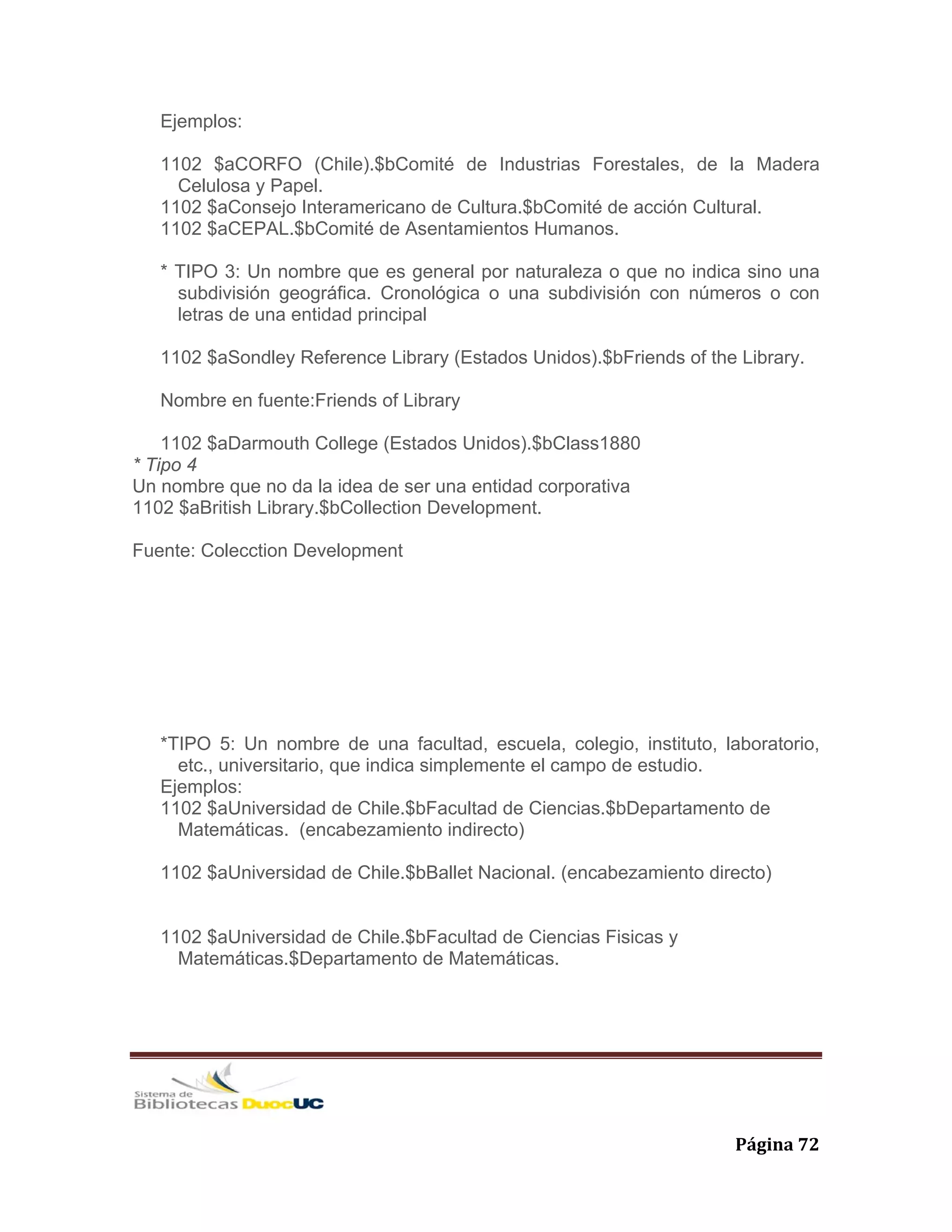   Página 72 
Ejemplos:
1102 $aCORFO (Chile).$bComité de Industrias Forestales, de la Madera
Celulosa y Papel.
1102 $aConsejo Interamericano de Cultura.$bComité de acción Cultural.
1102 $aCEPAL.$bComité de Asentamientos Humanos.
* TIPO 3: Un nombre que es general por naturaleza o que no indica sino una
subdivisión geográfica. Cronológica o una subdivisión con números o con
letras de una entidad principal
1102 $aSondley Reference Library (Estados Unidos).$bFriends of the Library.
Nombre en fuente:Friends of Library
1102 $aDarmouth College (Estados Unidos).$bClass1880
* Tipo 4
Un nombre que no da la idea de ser una entidad corporativa
1102 $aBritish Library.$bCollection Development.
Fuente: Colecction Development
*TIPO 5: Un nombre de una facultad, escuela, colegio, instituto, laboratorio,
etc., universitario, que indica simplemente el campo de estudio.
Ejemplos:
1102 $aUniversidad de Chile.$bFacultad de Ciencias.$bDepartamento de
Matemáticas. (encabezamiento indirecto)
1102 $aUniversidad de Chile.$bBallet Nacional. (encabezamiento directo)
1102 $aUniversidad de Chile.$bFacultad de Ciencias Fisicas y
Matemáticas.$Departamento de Matemáticas.
 