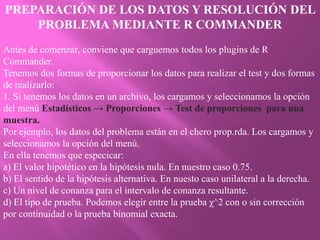 PREPARACIÓN DE LOS DATOS Y RESOLUCIÓN DEL
    PROBLEMA MEDIANTE R COMMANDER
Antes de comenzar, conviene que carguemos todos los plugins de R
Commander.
Tenemos dos formas de proporcionar los datos para realizar el test y dos formas
de realizarlo:
1. Si tenemos los datos en un archivo, los cargamos y seleccionamos la opción
del menú Estadísticos → Proporciones → Test de proporciones para una
muestra.
Por ejemplo, los datos del problema están en el chero prop.rda. Los cargamos y
seleccionamos la opción del menú.
En ella tenemos que especicar:
a) El valor hipotético en la hipótesis nula. En nuestro caso 0.75.
b) El sentido de la hipótesis alternativa. En nuesto caso unilateral a la derecha.
c) Un nivel de conanza para el intervalo de conanza resultante.
d) El tipo de prueba. Podemos elegir entre la prueba χ^2 con o sin corrección
por continuidad o la prueba binomial exacta.
 