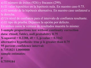 a) El número de éxitos (926) y fracasos (299).
b) El valor hipotético en la hipótesis nula. En nuestro caso 0.75.
c) El sentido de la hipótesis alternativa. En nuestro caso unilateral a
la derecha.
d) Un nivel de confianza para el intervalo de confianza resultante.
e) El tipo de prueba. Dejamos la opción por defecto.
En ambos casos la ventana de resultados muestra lo mismo:
1-sample proportions test without continuity correction
data: rbind(.Table), null probability 0.75
X-squared = 0.2288, df = 1, p-value = 0.3162
alternative hypothesis: true p is greater than 0.75
95 percent confidence interval:
0.7351821 1.0000000
sample estimates:
p
0.7559184
 
