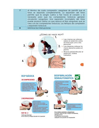 7 AI término de cada compresión, asegúrese de permitir que el
tórax se expanda completamente. La expansión del tórax
permite que la sangre vuelva a fluir hacia el corazón y es
necesaria para que las compresiones torácicas generen
circulación sanguínea. Una expansión incompleta del tórax
puede producir daños ya que reduce el flujo sanguíneo que se
crea con las compresiones torácicas. Los tiempos de compresión
y expansión torácicas
8 Minimice las interrupciones
 