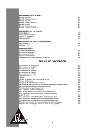 RECUBRIMIENTOS DE ACABADO
Esmalte Alquídico                                                       81
Esmalte Alquídico Aluminio                                              83
Esmalte Epóxico                                                         85
Esmalte Epóxico Aluminio                                                88
Esmalte Uretano                                                         91
Esmalte Uretano Aluminio                                                94
Esmalte Uretano Aluminio HS                                             97

RECUBRIMIENTOS ESPECIALES
Coaltar Epóxico                                                         100
Antifouling Vinílico Rojo                                               103
Sikadur-31 Adhesivo                                                     105
Sikaguard 62 CO                                                         107

RECUBRIMIENTOS PROTECTORES AL FUEGO
Sika Unitherm W                                                         110
Sikacrete 213 F                                                         114

COLMASOLVENTES
Colmasolvente Alquídico                                                 116
Colmasolvente Epóxico                                                   117
Colmasolvente Vinílico                                                  118
Colmasolvente Uretano                                                   119
Sika Ferrogard-903 (antes Inhibidor de Corrosión WB)                    120

                                 TABLAS DE CONVERSION
Conversiones de Temperatura                                             125
Conversiones de Longitud                                                126
Conversiones de Area                                                    126
Conversiones de Volumen                                                 127
Conversiones de Presión                                                 127
Conversiones de Energía                                                 128
Tipos de limpieza                                                       128
Tamices                                                                 129
Tamaño de la tobera sobre el consumo de aire                            129
Tamaño del abrasivo                                                     130
Categorías de los ambientes corrosivos                                  130
Requisitos de aire comprimido y consumo de abrasivo en chorreado seco   131
Rendimientos típicos según equipo de aplicación                         132
Tabla de cálculo temperatura de rocío                                   132
Area superficial por tonelada de acero                                  132
Area de la superficie de la tubería por por metro lineal                133
Area aproximada por metro lineal por toneladas diferentes
piezas de acero                                                         134
Area aproximada por metro lineal por toneladas para vigas               138
Area aproximada por metro lineal por toneladas para canales             139
Area aproximada por metro lineal por toneladas para angulos             140
Fórmulas para calculos de espesores de películas húmeda y seca          141
Fórmulas más usuales para cálculo de áreas de una superficie            142




                                                       4
 