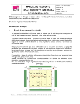 - 15 -                                                                CÓDIGO: LED-GEIH-MOT-02
                                MANUAL DE RECUENTO                                 VERSIÓN : 06

                           GRAN ENCUESTA INTEGRADA                                 PAGINA :   15
                                                                                   FECHA : 01-09-11- 15

                                    DE HOGARES – GEIH                              -18/11/2012


El área asignada en el mapa, en la zona urbana y centros poblados es una manzana, o una área
amanzanada y está resaltada en color rosado.

En el resto disperso el área está en blanco.


En la cabecera municipal.

•        Croquis de una manzana (Ver gráfico 2):

    Se elabora únicamente el croquis del área, es posible que el área asignada corresponda a
    más de una manzana, en cuyo caso debe incluir todas las manzanas.

    Tenga en cuenta lo siguiente: Dibuje el croquis del área, es decir sus límites geográficos
    utilizando una escala proporcional aproximada y ocupando el máximo del espacio disponible,
    registre la posición cardinal ubicando el norte, registre las calles, carreras y avenidas que
    circundan el área.

    Dibuje proporcionalmente por cada edificación que se encuentre en el área un pequeño
    rectángulo que representa su ubicación, y dentro de éste escriba el número de la edificación,
    la numeración debe empezar por 1 de acuerdo con el recorrido, sin omisiones ni repeticiones.
    Igualmente, escriba el número de la placa.

    Para los lotes y áreas de edificios, utilizados como punto de referencia, anotar la característica
    del lugar (lote, parqueadero, etc.).
    Ubique utilizando las convenciones correspondientes los puntos de referencia como
    hospitales, escuelas, iglesias, etc.
    Una vez concluido el croquis registre en el encabezado junto con la identificación el total de
    viviendas existentes.                     GRÁFICO 2




    Ruta Archivo: GEIH/DOCUMENTACION BASICA/MANUALES /OTROS /LED-GEIH-MOT-02.DOC
 