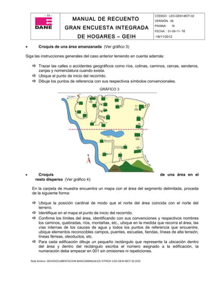- 16 -                                                                CÓDIGO: LED-GEIH-MOT-02
                                MANUAL DE RECUENTO                                 VERSIÓN : 06

                           GRAN ENCUESTA INTEGRADA                                 PAGINA :   16
                                                                                   FECHA : 01-09-11- 16

                                    DE HOGARES – GEIH                              -18/11/2012


•        Croquis de una área amanzanada (Ver gráfico 3)

Siga las instrucciones generales del caso anterior teniendo en cuenta además:

     Trazar las calles o accidentes geográficos como ríos, colinas, caminos, cercas, senderos,
      zanjas y nomenclatura cuando exista.
     Ubique el punto de inicio del recorrido.
     Dibuje los puntos de referencia con sus respectivos símbolos convencionales.
                                                   GRÁFICO 3




•        Croquis                                                                      de una área en el
       resto disperso (Ver gráfico 4):

    En la carpeta de muestra encuentra un mapa con el área del segmento delimitada, proceda
    de la siguiente forma:

     Ubique la posición cardinal de modo que el norte del área coincida con el norte del
      terreno.
     Identifique en el mapa el punto de inicio del recorrido.
     Confirme los límites del área, identificando con sus convenciones y respectivos nombres
      los caminos, quebradas, ríos, montañas, etc., ubique en la medida que recorra el área, las
      vías internas de los cauces de agua y todos los puntos de referencia que encuentre,
      ubique elementos reconocibles campos, puentes, escuelas, tiendas, líneas de alta tensión,
      líneas férreas, oleoductos, etc.
     Para cada edificación dibuje un pequeño rectángulo que represente la ubicación dentro
      del área y dentro del rectángulo escriba el número asignado a la edificación, la
      numeración debe empezar en 001 sin omisiones ni repeticiones.

    Ruta Archivo: GEIH/DOCUMENTACION BASICA/MANUALES /OTROS /LED-GEIH-MOT-02.DOC
 