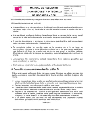 - 19 -                                                                CÓDIGO: LED-GEIH-MOT-02
                              MANUAL DE RECUENTO                                 VERSIÓN : 06

                         GRAN ENCUESTA INTEGRADA                                 PAGINA :   19
                                                                                 FECHA : 01-09-11- 19

                                  DE HOGARES – GEIH                              -18/11/2012


A continuación se presentan algunas generalidades que se deben tener en cuenta:

3.1 Recorrido de manzana (ver gráfico 6)

♦ Una vez ubicado en la manzana, el punto de inicio del recorrido es la esquina de la calle mayor
  con carrera mayor, si no hay numeración el recorrido se debe iniciar en la esquina más nor. -
  oriental.

♦ Una vez ubicado en el punto de inicio, haga el recorrido de la manzana de tal manera que al
  caminar por la calle, su hombro derecho se encuentra siempre orientado hacia la pared.

♦ El recorrido debe iniciarse y terminar en el mismo punto, cuando el área está compuesta por
  varias manzanas, debe recorrerlas individualmente.

♦ Es conveniente realizar un recorrido previo de la manzana con el fin de hacer su
  reconocimiento, confrontar la forma del terreno con la del plano, de esta manera podrá hacer
  mas fácilmente el dibujo del croquis (que es otra de sus tareas) e identificar cualquier
  diferencia que exista entre la manzana que aparece en cartografía y la que está recorriendo en
  terreno.

♦ La manzana se debe recorrer en su totalidad, independiente de los problemas geográficos que
  pueda encontrar en su recorrido.

♦ En el caso que existan diferencias, debe reportarlas al Coordinador de Campo.

3.2 Recorrido en áreas amanzanadas (Ver gráfico 7)

 El área amanzanada a diferencia de las manzanas no está delimitada por calles y carreras, sino
 que las viviendas se encuentran dispersas al borde de una carretera o sendero de acceso a la
 misma.

  Lo más importante es ubicar un sitio que sea fácilmente reconocible para iniciar y terminar
     allí el recorrido; lo ideal sería que el sitio se encuentre en la vía principal de acceso al área.
    También le ayudará mucho la ubicación del área en el mapa.
    Cuando encuentre viviendas al lado y lado de los caminos, haga el recorrido de tal manera
     que primero recorra las edificaciones que están a un lado del camino y luego al otro.
    Pregunte a las personas que viven en el área por otras edificaciones que no se vean
     fácilmente desde el camino, para que no se quede ninguna sin identificar. Si esto ocurre,
     indague por la vía de acceso a dichas viviendas y escriba en observaciones la novedad.
    Si un camino forma parte del límite del área amanzanada, liste únicamente aquellas
     edificaciones que se encuentran dentro del área amanzanada.
                                                   GRAFICO 7



  Ruta Archivo: GEIH/DOCUMENTACION BASICA/MANUALES /OTROS /LED-GEIH-MOT-02.DOC
 
