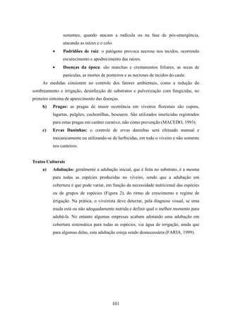 sementes, quando atacam a radícula ou na fase de pós-emergência, 
atacando as raízes e o colo. 
· Podridões de raiz: o patógeno provoca necrose nos tecidos, ocorrendo 
escurecimento e apodrecimento das raízes. 
· Doenças da época: são manchas e crestamentos foliares, as secas de 
panículas, as mortes de ponteiros e as necroses de tecidos do caule. 
As medidas consistem no controle dos fatores ambientais, como a redução do 
sombreamento e irrigação, desinfecção de substratos e pulverização com fungicidas, no 
primeiro sintoma de aparecimento das doenças. 
b) Pragas: as pragas de maior ocorrência em viveiros florestais são cupins, 
lagartas, pulgões, cochonilhas, besouros. São utilizados inseticidas registrados 
para estas pragas em caráter curativo, não como prevenção (MACEDO, 1993). 
c) Ervas Daninhas: o controle de ervas daninhas será efetuado manual e 
mecanicamente ou utilizando-se de herbicidas, em todo o viveiro e não somente 
nos canteiros. 
101 
Tratos Culturais 
a) Adubação: geralmente a adubação inicial, que é feita no substrato, é a mesma 
para todas as espécies produzidas no viveiro, sendo que a adubação em 
cobertura é que pode variar, em função da necessidade nutricional das espécies 
ou de grupos de espécies (Figura 2), do ritmo de crescimento e regime de 
irrigação. Na prática, o viveirista deve detectar, pela diagnose visual, se uma 
muda está ou não adequadamente nutrida e definir qual o melhor momento para 
adubá-la. No entanto algumas empresas acabam adotando uma adubação em 
cobertura sistemática para todas as espécies, via água de irrigação, ainda que 
para algumas delas, esta adubação esteja sendo desnecessária (FARIA, 1999). 
 